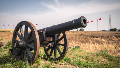 Historical artillery piece stands guard over a field dotted with national flags