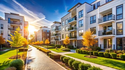 Modern apartment building exterior with balconies and trees in autumn sunlight, residential complex facade with blue sky and clouds