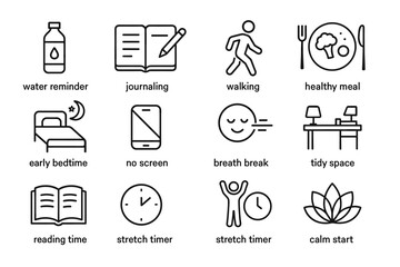 Fototapeta premium Icons for healthy habits and lifestyle tips: journaling, walking, and relaxation