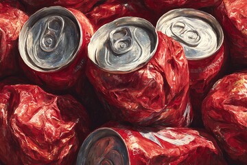 Crushed Cans Abstract Red Textured Group  Recycling with Waste, and Grunge.