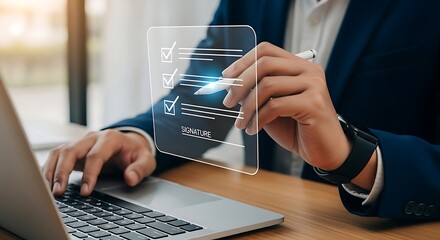 Business professional uses a transparent digital interface to manage documents and data on a laptop
