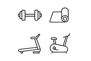 Minimalist gym equipment icons: dumbbell, yoga mat, treadmill, exercise bike
