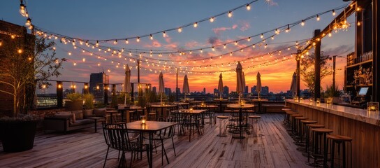 Rooftop bar at sunset with city view