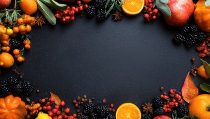 Autumn harvest fruits and berries arranged in a frame on a dark surface