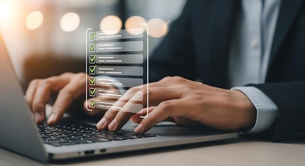 Business professional typing on a laptop with a glowing data visualization overlay representing financial growth and analysis