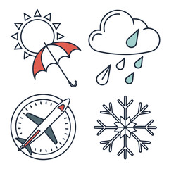 Illustration showing four weather icons including sun with umbrella, rain cloud, airplane and snowflake design