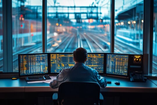 Train dispatcher monitoring schedules and managing railway traffic on computer screens in control room