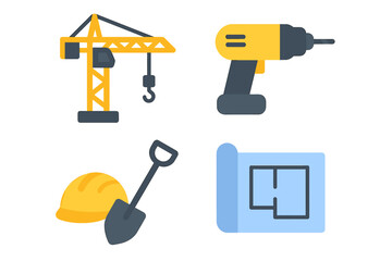 Construction tools and blueprint: crane, drill, hard hat, shovel symbols