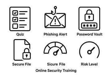 Online security icons: quiz, phishing alert, password vault, secure file, risk level