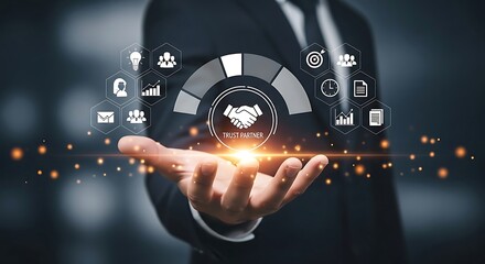 Business professional presenting a circular diagram of business processes and icons representing various corporate functions