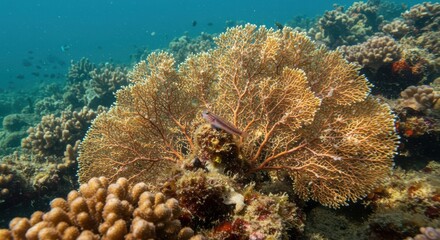 Intricate Orange Fan Coral Hosts Tiny Striped Fish in Serene Tropical Reef Ecosystem
