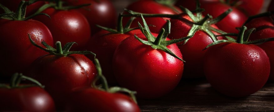 The vibrant red tomatoes resting on a rustic wooden surface