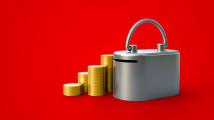 Metallic money box with gold coins isolated on red background with copyspace. Money box and coins isolated. Money savings concept banner template with copyspace. Financial protection.