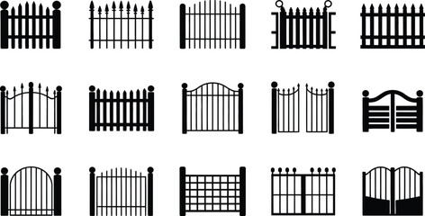 Fence Silhouette Vector Set, Gate Icons Collection