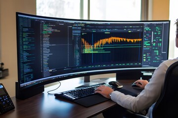 Programmer working with statistical programming language and data analysis software on ultrawide monitors