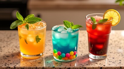 Fototapeta premium Three colorful cocktails with mint and fruit garnishes