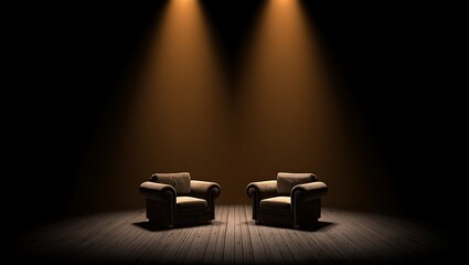 Dramatic twin spotlights illuminate two dark armchairs on a wooden stage against a black background.