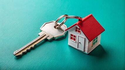 A silver key attached to a miniature house with a red roof, symbolizing home ownership and real estate investment