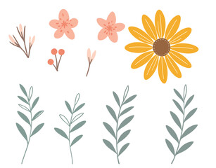 Playful floral and foliage clipart set in pastel peach and yellow
