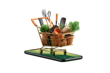 Gardening supplies in a shopping cart on a phone screen.
