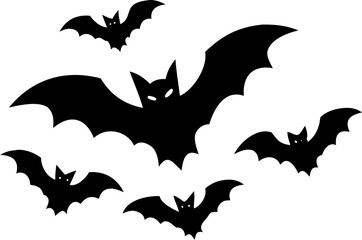 Fototapeta premium Black bats, flying bats, Halloween icons, bat silhouettes, vector graphics isolated on Transparent Background