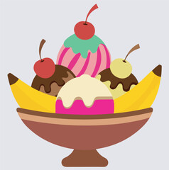 banana split with three scoops silhouette vector art illustration, ice cream with cherry