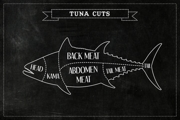 Tuna Cutting Guide with Black Chalkboard Background