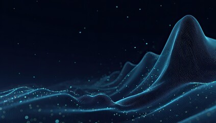 Naklejka premium Abstract digital landscape. Dark background with swirling, undulating forms of light-blue lines and particles