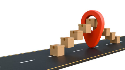 Cardboard box or parcel box floats in the air of the map or navigation pin on the asphalt road isolated. 3d illustration for ecommerce, logistics, delivery, online shopping banner template.