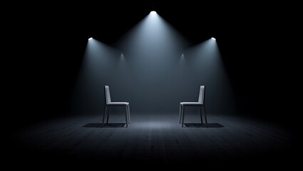 Two stark white chairs dramatically illuminated by multiple spotlights on a dark wooden floor in an empty room