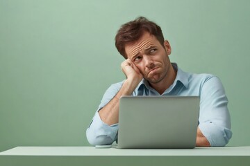 Bored businessman resting his face on his hand and looking away while sitting at his desk in front of his laptop