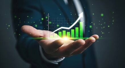 Businessman s outstretched hand displays a glowing green bar chart with an upward trending line representing financial growth