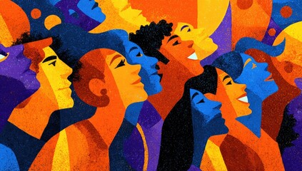 Diverse faces, vibrant colors, looking upward.  A group of people of various ethnicities, stylized in bold colors,  seem to be looking upwards in a celebratory or hopeful manner.  Abstract art