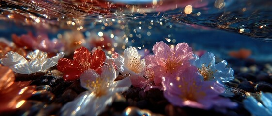 Flowing river with tricolor flower petals floating downstream, reflection of clear sky, natural beauty and freedom symbolism