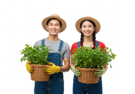 Happy farmers holding plants isolated on transparent background
