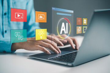 concept of Ai. A person using a laptop with AI interface and colorful icons, representing artificial intelligence, machine learning, digital transformation, and smart technology in modern computing.