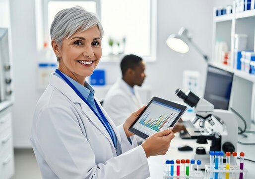 Female scientist analyzing data on a tablet in a laboratory, conducting research and experiments