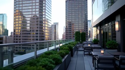 Rooftop terrace offers seating and greenery, framed by city buildings in a soft, blurred view - Powered by Adobe