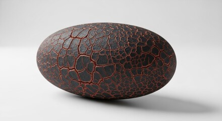 Petrified spheroidal object with fissures and a scorched appearance isolated against a stark