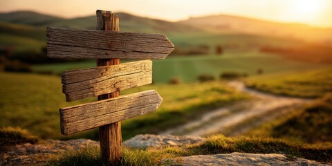 The rustic signpost guiding paths through a serene countryside landscape at sunset.