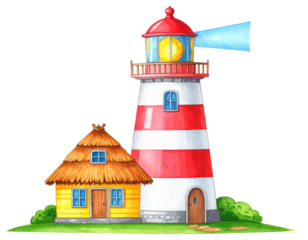 Colorful cartoon lighthouse with a cozy cottage  