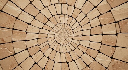 A mesmerizing display of radial symmetry with beige stone pavers arranged in a harmonious pattern