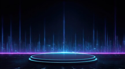 Dark stage with glowing neon lights and digital city backdrop