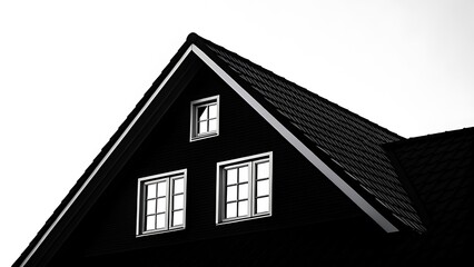 Closeup of a dark, modern house roof with windows, showcasing architectural lines and angles against a bright sky