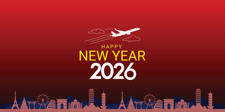 Happy New Year 2026 Worldwide Travel Celebration, The New Year 2026 Tour Travel Greetings and Tourism Airlines social media banner poster cover design concept, Vector illustration	template web post