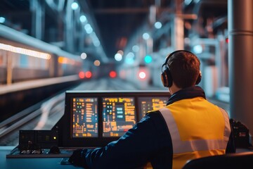 Railway dispatcher wearing headphones and high visibility vest managing train traffic from a control room at night