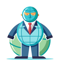 Global Vision Business Leader Vector Illustration – Confident Boss Standing in Front of Globe Representing International Strategy and Leadership