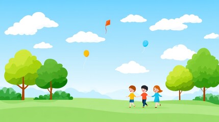 Naklejka premium Children Playing with Balloons and Kites in Green Park