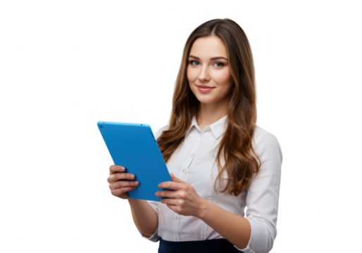 Young woman holding a blue tablet isolated on transparent background