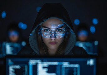 Female hacker in hoodie working on computer with binary code overlayed on her face in dark room